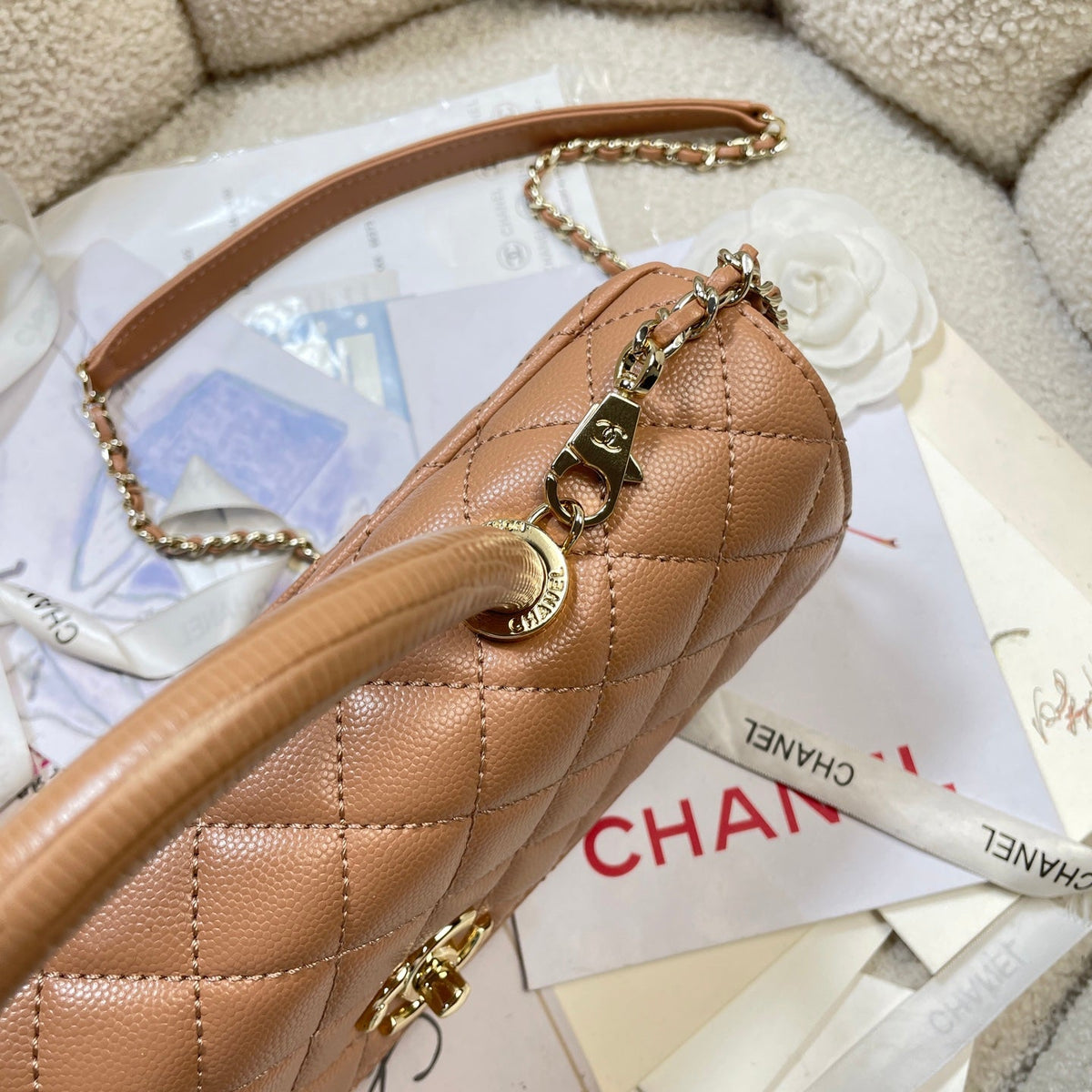 CC Maxi Flap Bag with Top Handle 31.5cm Tan Quited Caviar Leather