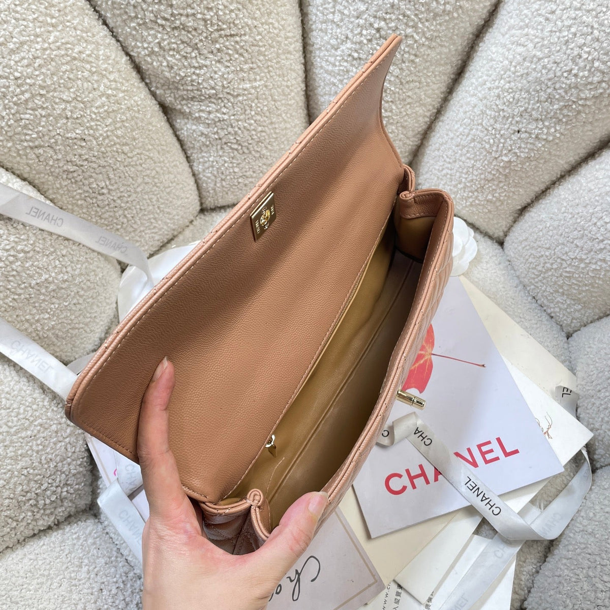 CC Maxi Flap Bag with Top Handle 31.5cm Tan Quited Caviar Leather