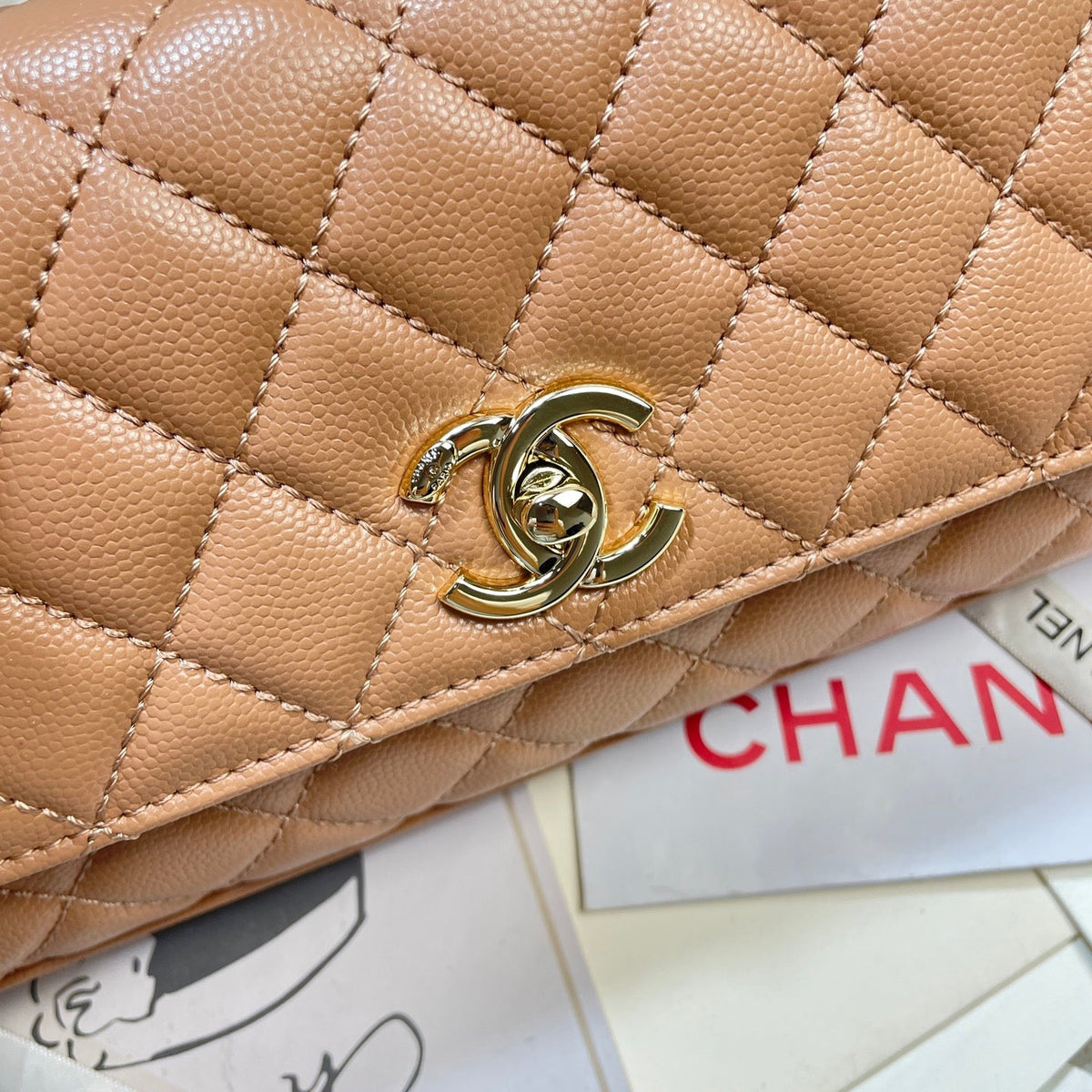 CC Maxi Flap Bag with Top Handle 31.5cm Tan Quited Caviar Leather