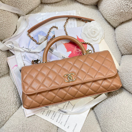 CC Maxi Flap Bag with Top Handle 31.5cm Tan Quited Caviar Leather