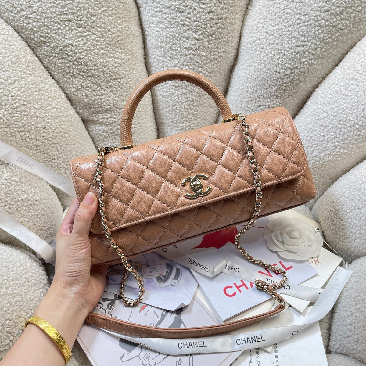 CC Maxi Flap Bag with Top Handle 31.5cm Tan Quited Caviar Leather