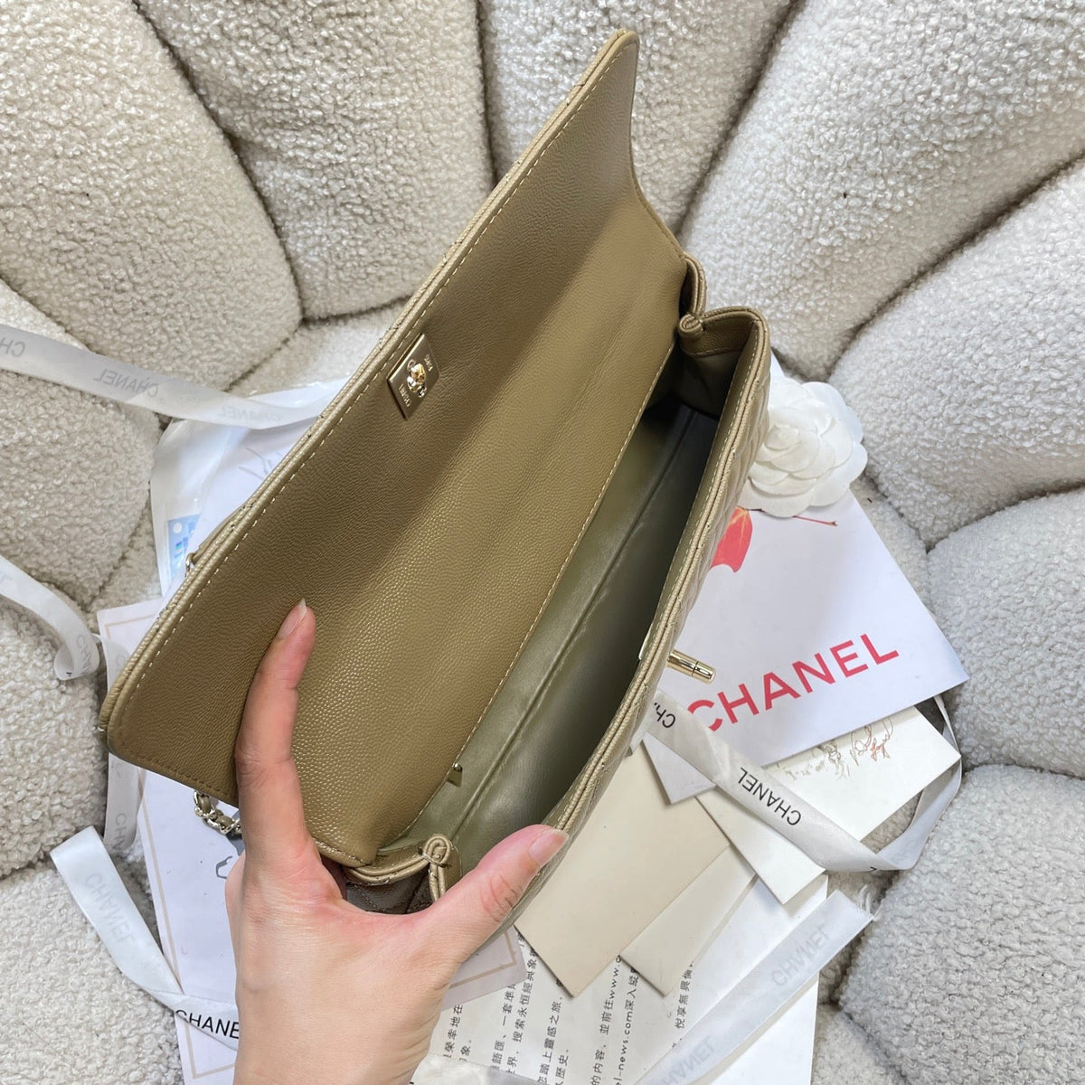 CC Maxi Flap Bag with Top Handle 31.5cm Khaki Quited Caviar Leather