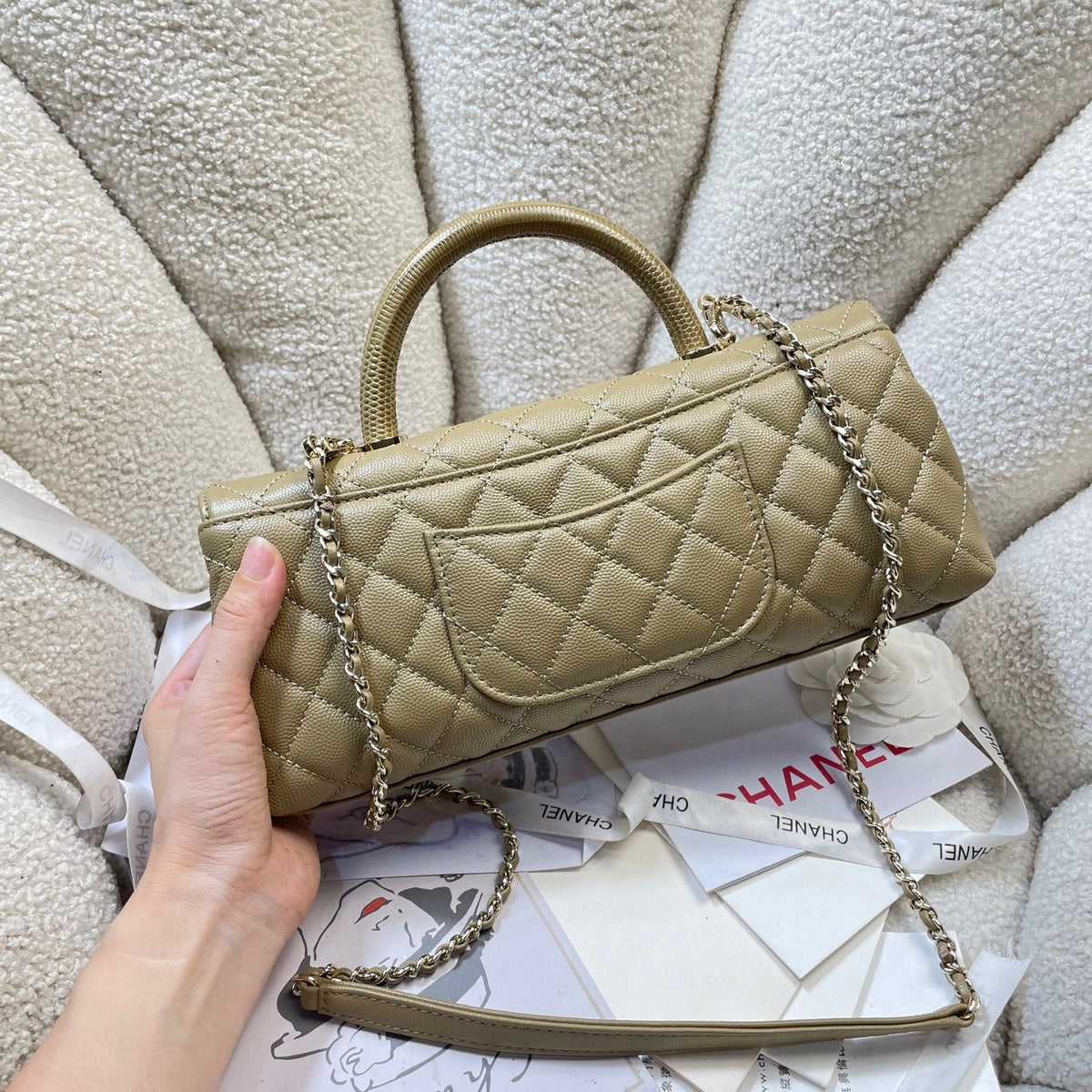 CC Maxi Flap Bag with Top Handle 31.5cm Khaki Quited Caviar Leather