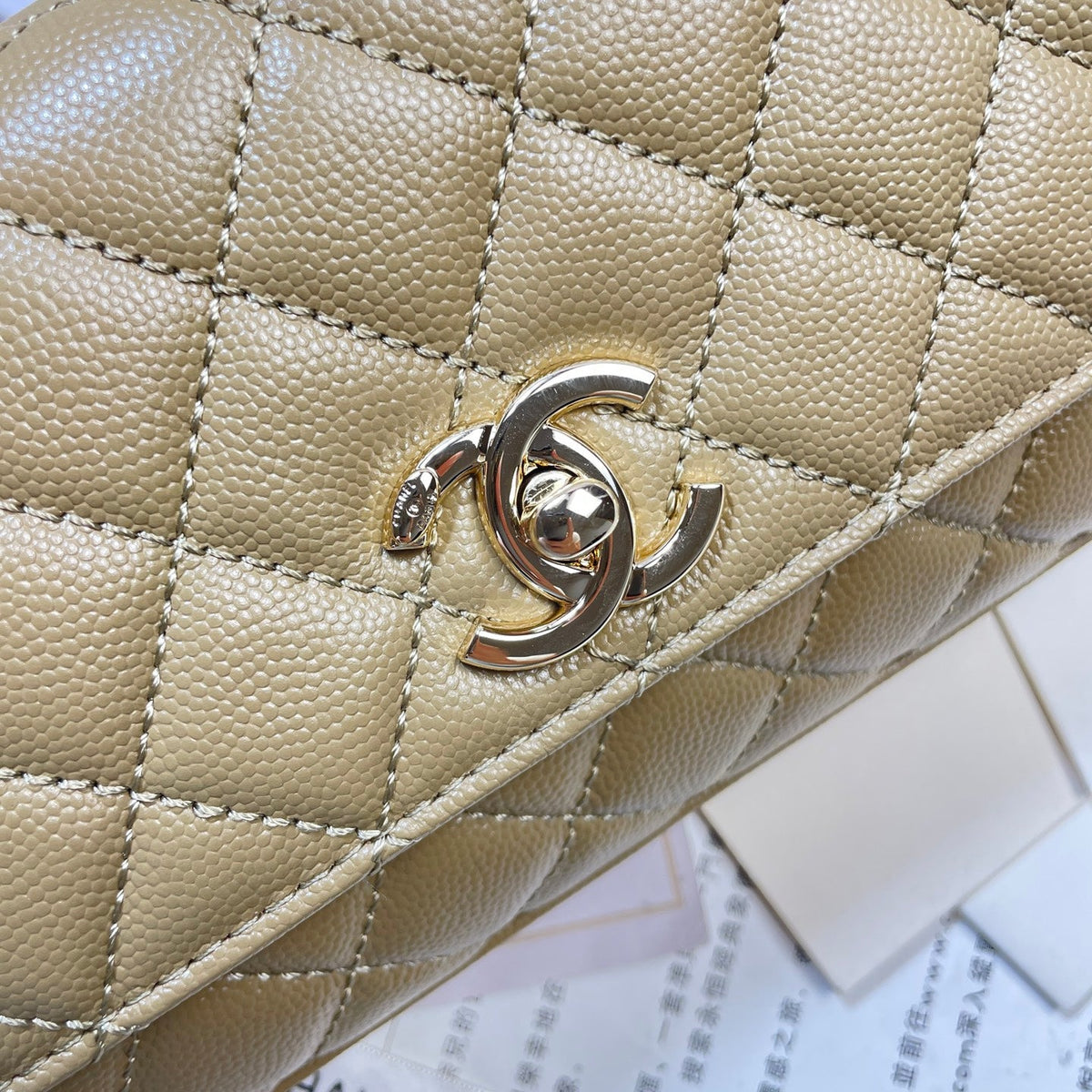 CC Maxi Flap Bag with Top Handle 31.5cm Khaki Quited Caviar Leather