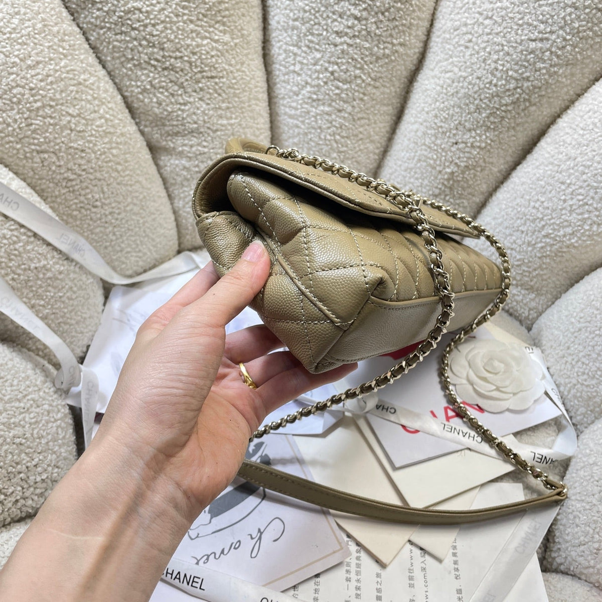 CC Maxi Flap Bag with Top Handle 31.5cm Khaki Quited Caviar Leather