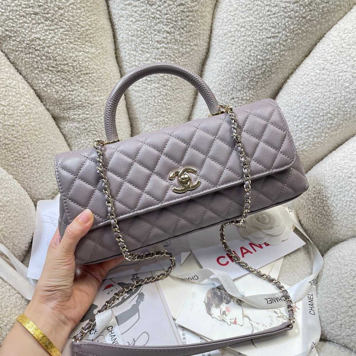 CC Maxi Flap Bag with Top Handle 31.5cm Light Slate Gray Quited Caviar Leather