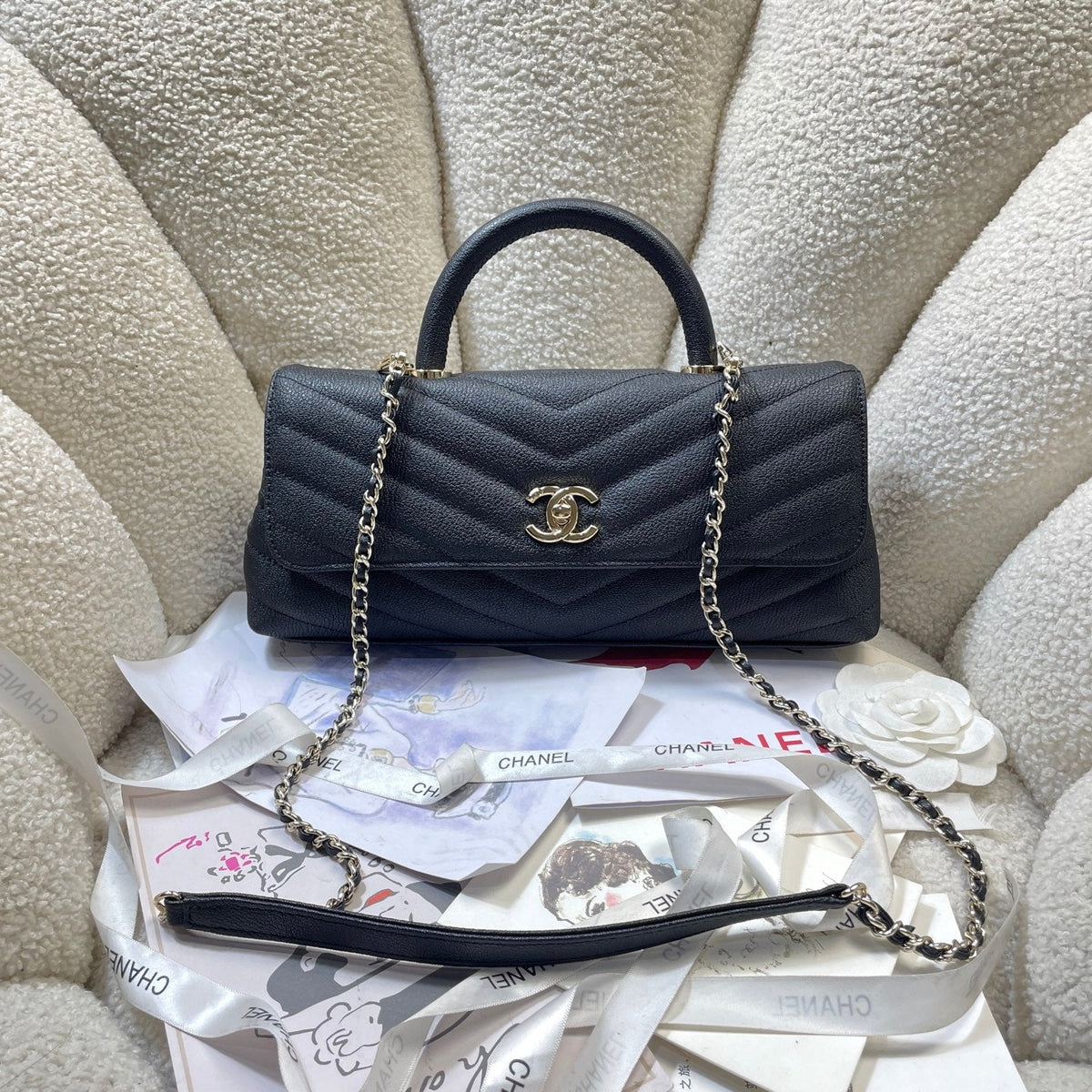 CC Maxi Flap Bag with Top Handle 31.5cm Black Goatskin
