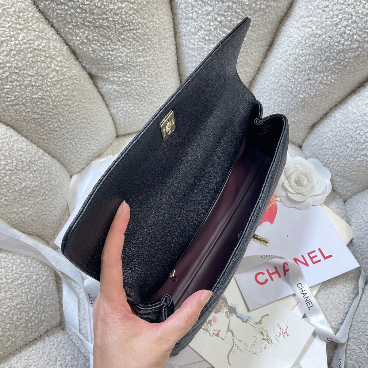 CC Maxi Flap Bag with Top Handle 31.5cm Black Goatskin