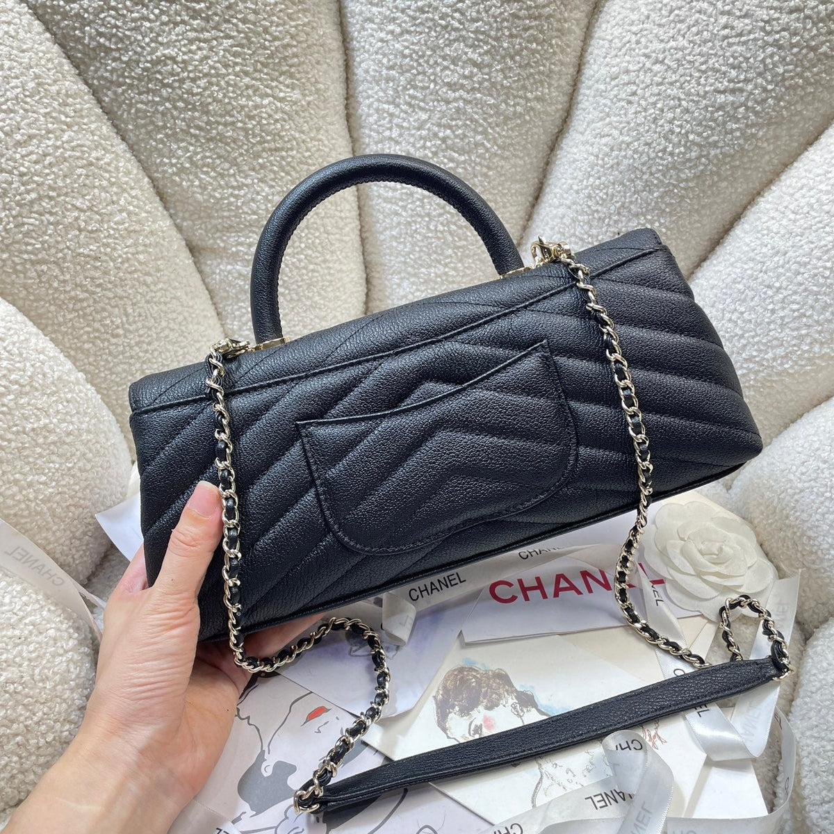CC Maxi Flap Bag with Top Handle 31.5cm Black Goatskin