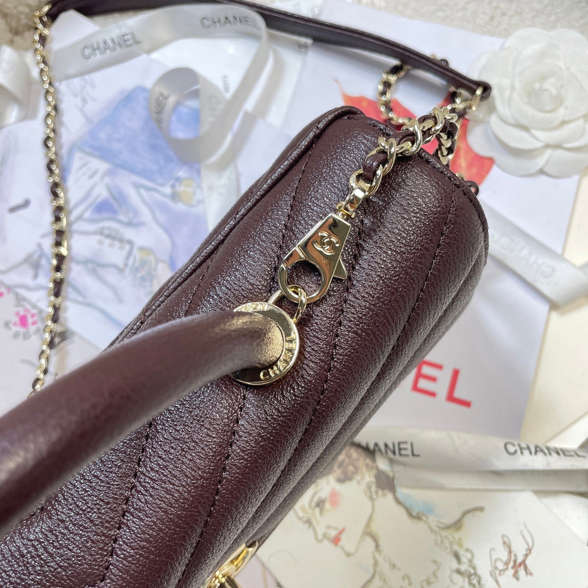 CC Maxi Flap Bag with Top Handle 31.5cm Coffee Goatskin