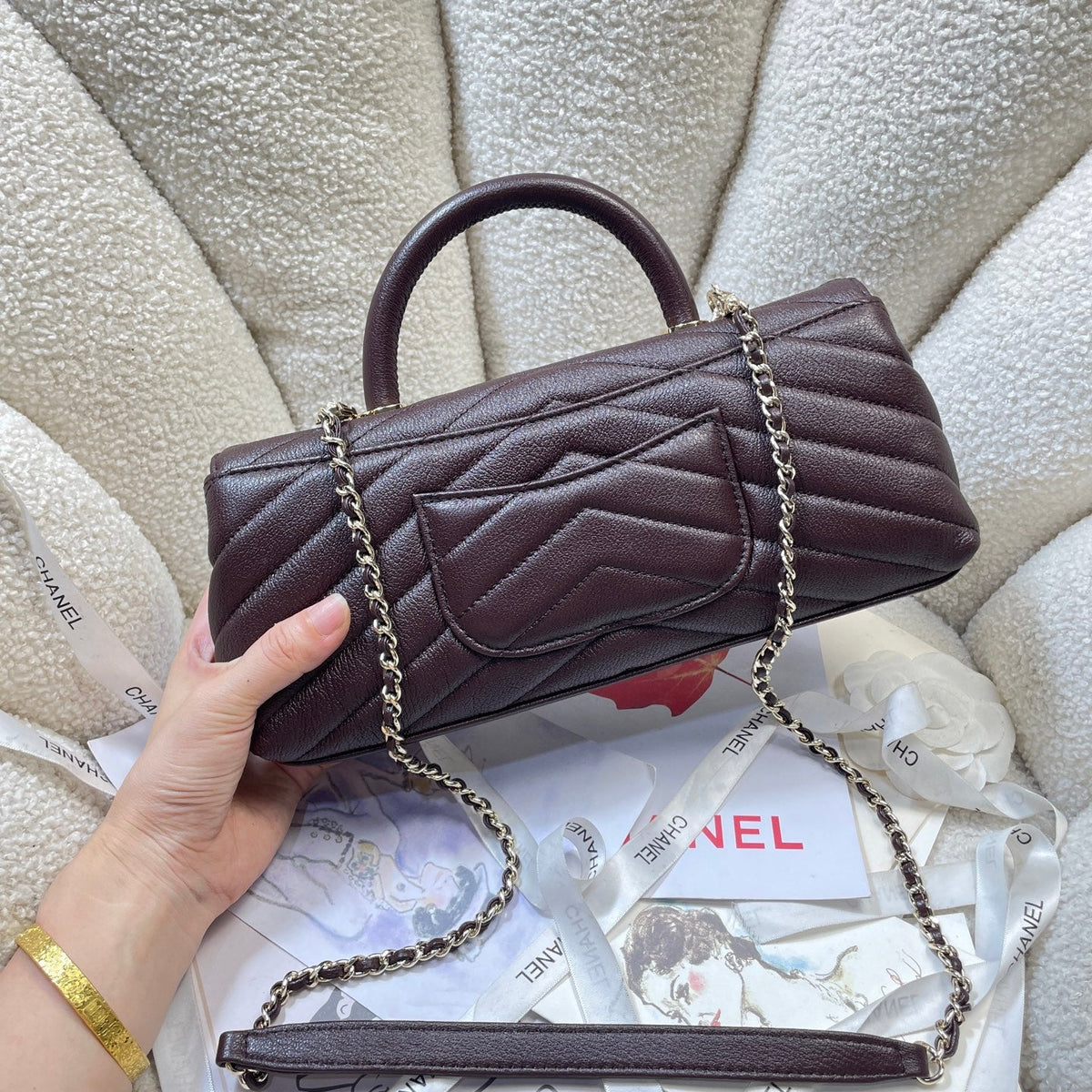 CC Maxi Flap Bag with Top Handle 31.5cm Coffee Goatskin