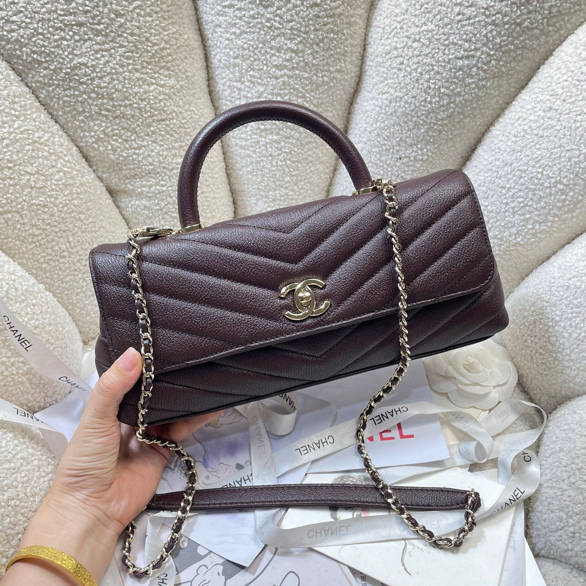 CC Maxi Flap Bag with Top Handle 31.5cm Coffee Goatskin