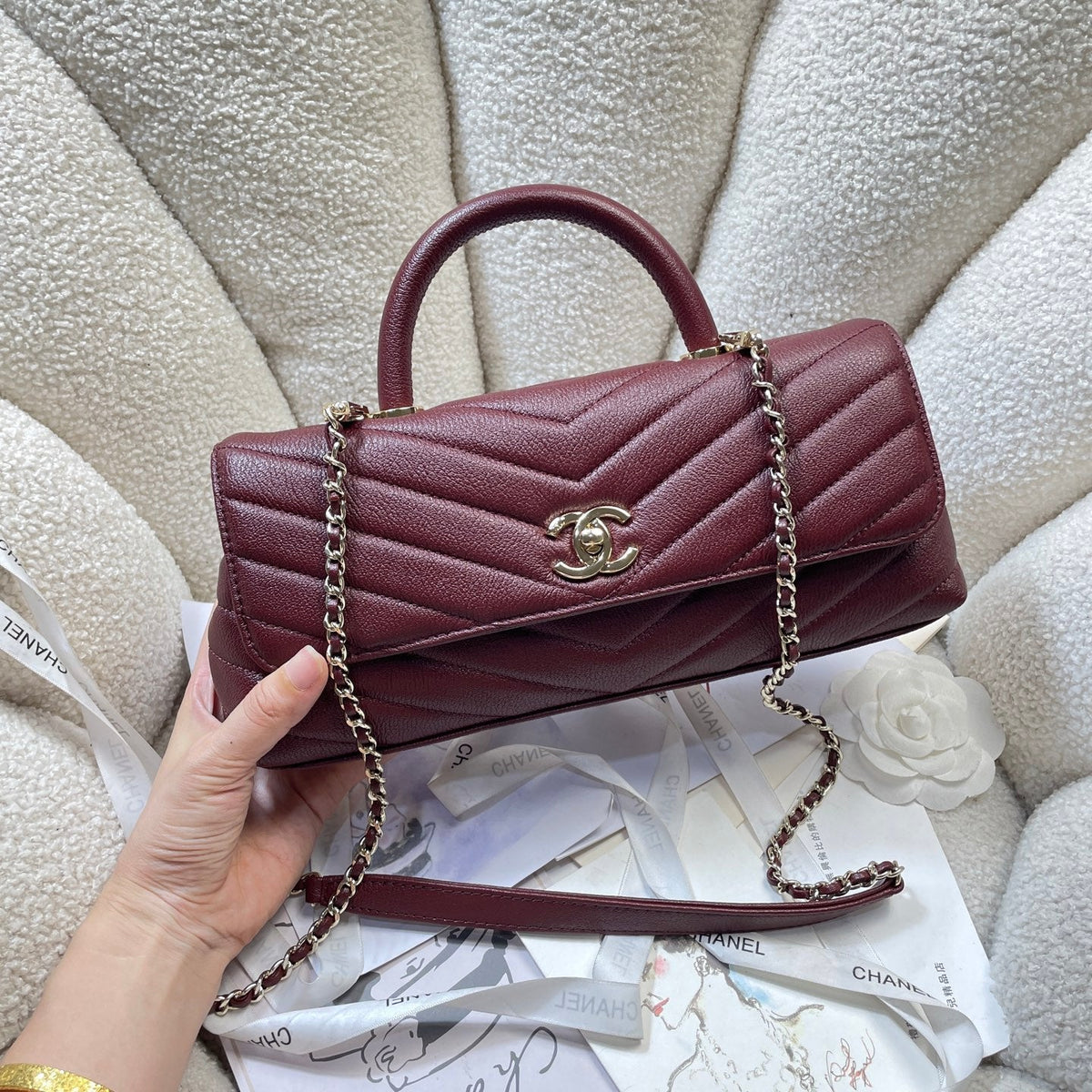 CC Maxi Flap Bag with Top Handle 31.5cm Burgundy Goatskin