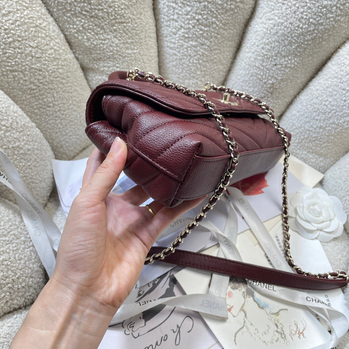 CC Maxi Flap Bag with Top Handle 31.5cm Burgundy Goatskin