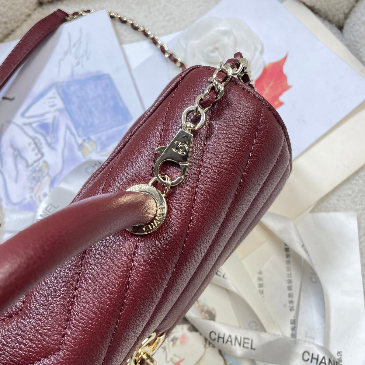 CC Maxi Flap Bag with Top Handle 31.5cm Burgundy Goatskin