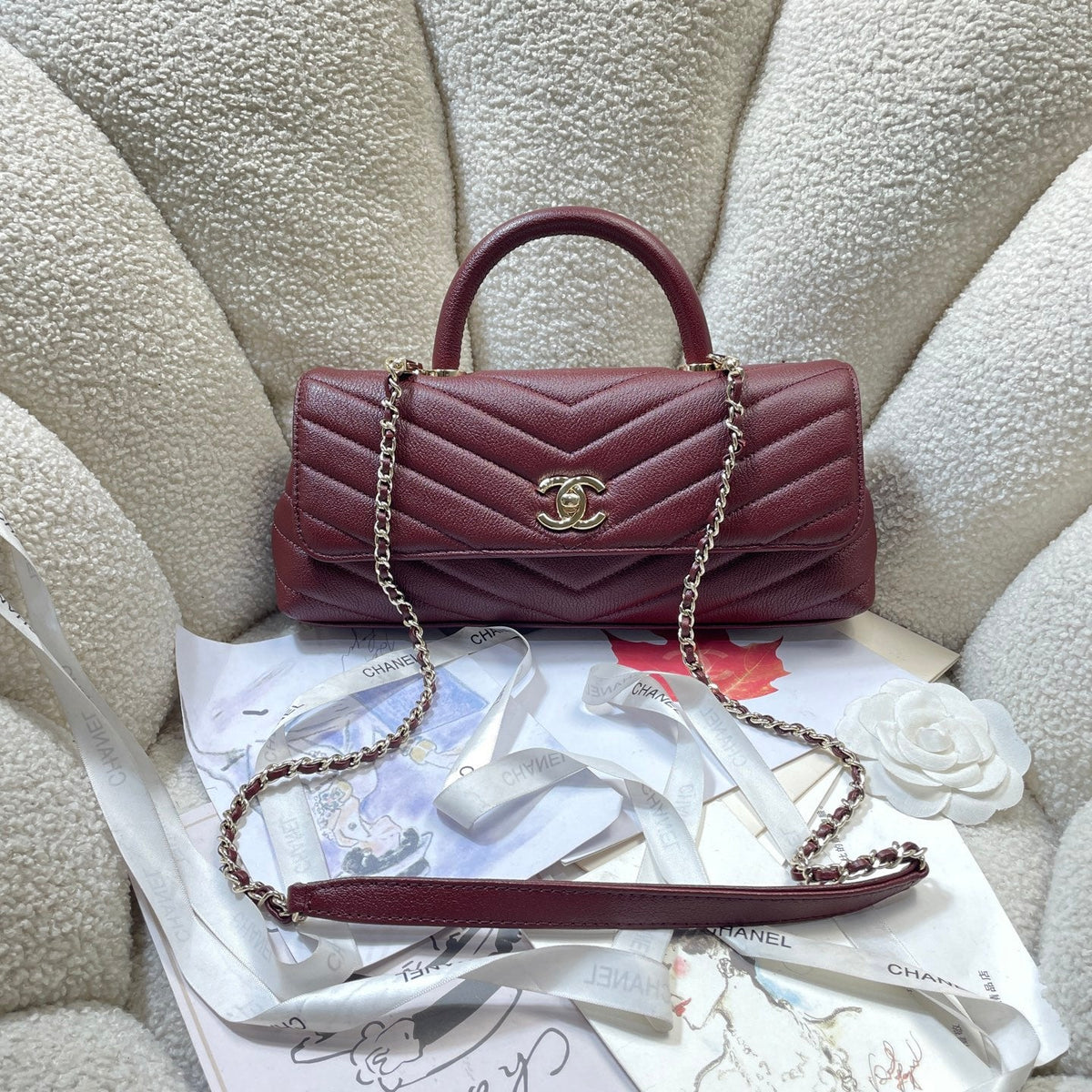 CC Maxi Flap Bag with Top Handle 31.5cm Burgundy Goatskin