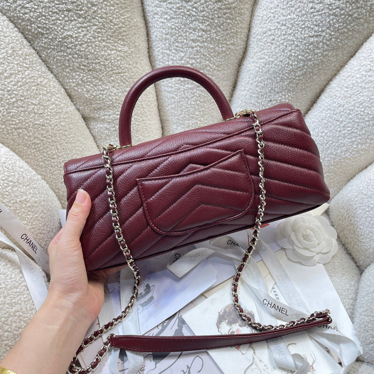 CC Maxi Flap Bag with Top Handle 31.5cm Burgundy Goatskin