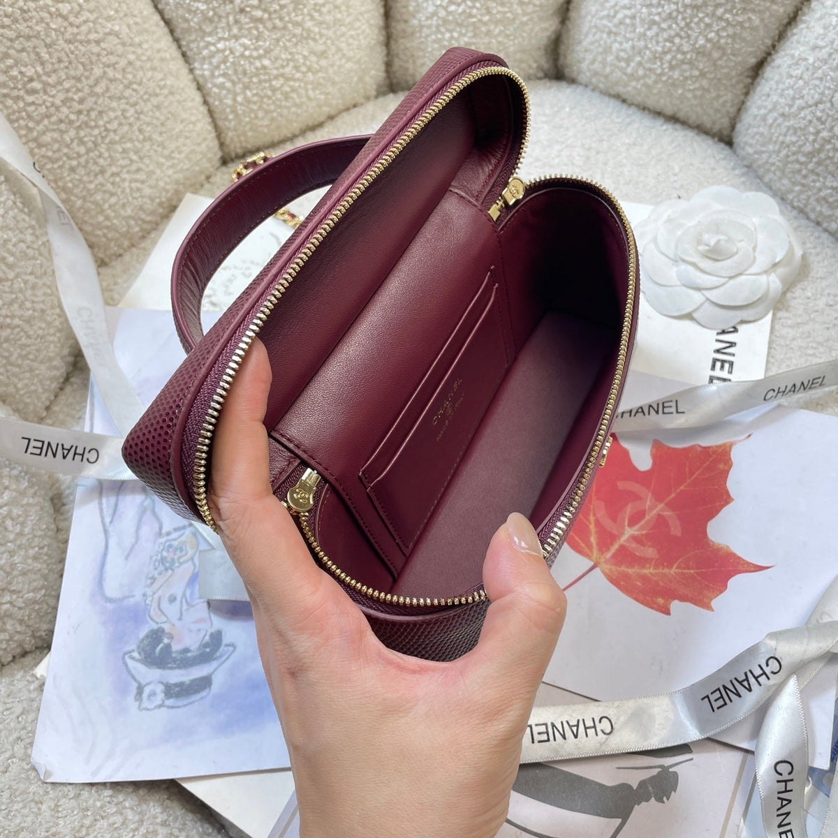 Chanel 2026 Vanity Bag 19.5cm Burgundy Cowhide With Lizard Embossing