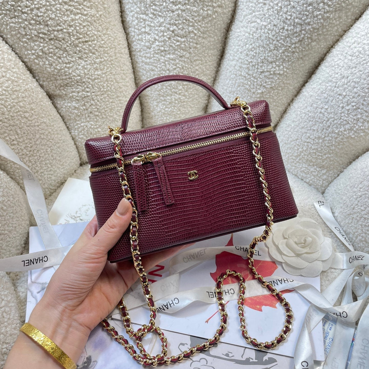 Chanel 2026 Vanity Bag 19.5cm Burgundy Cowhide With Lizard Embossing