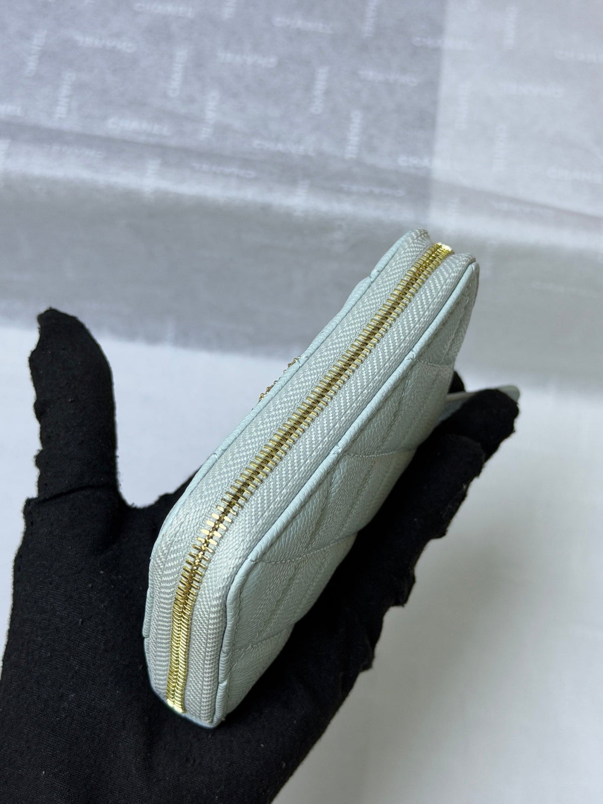 CC 26P Zipper Card Holder Light Blue Quited Caviar Leather