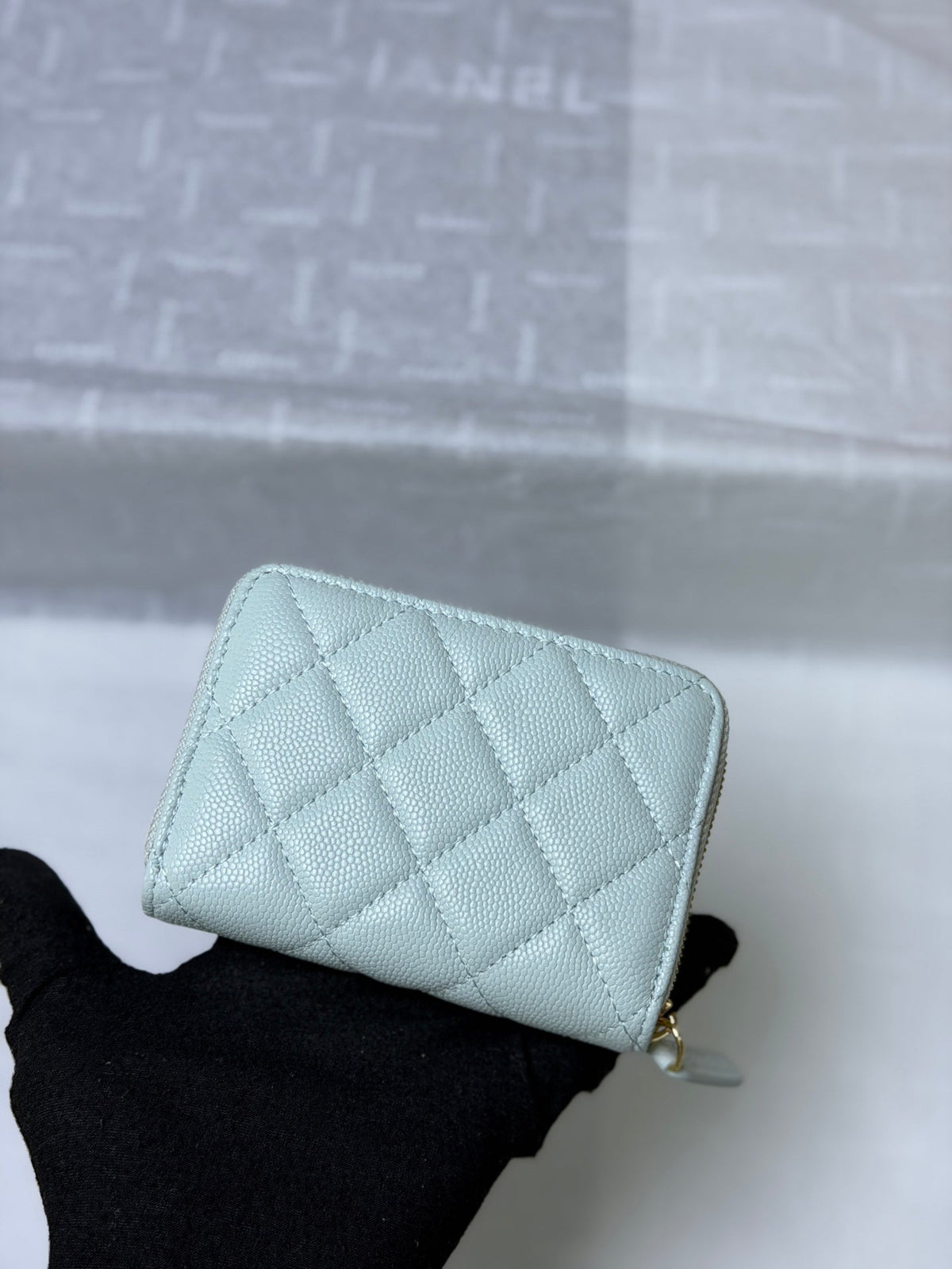 CC 26P Zipper Card Holder Light Blue Quited Caviar Leather