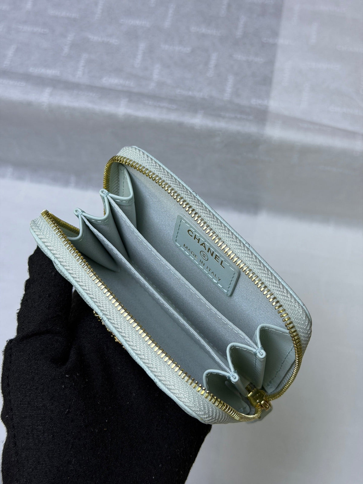 CC 26P Zipper Card Holder Light Blue Quited Caviar Leather