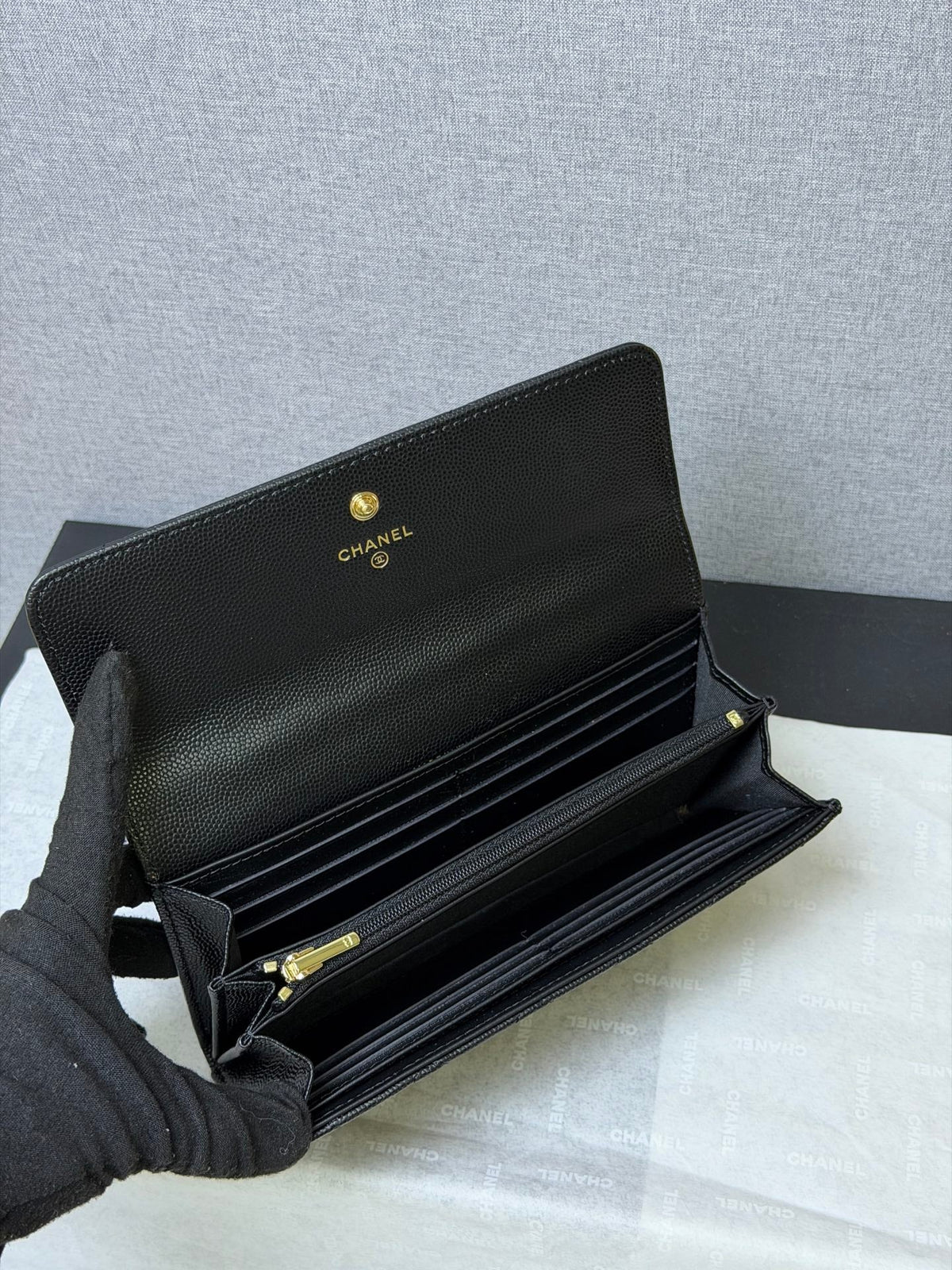 CC 26P Long Flip Wallet Black Quited Caviar Leather