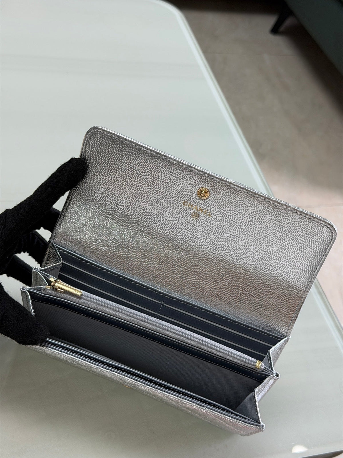 CC 26P Long Flip Wallet Sliver Quited Caviar Leather