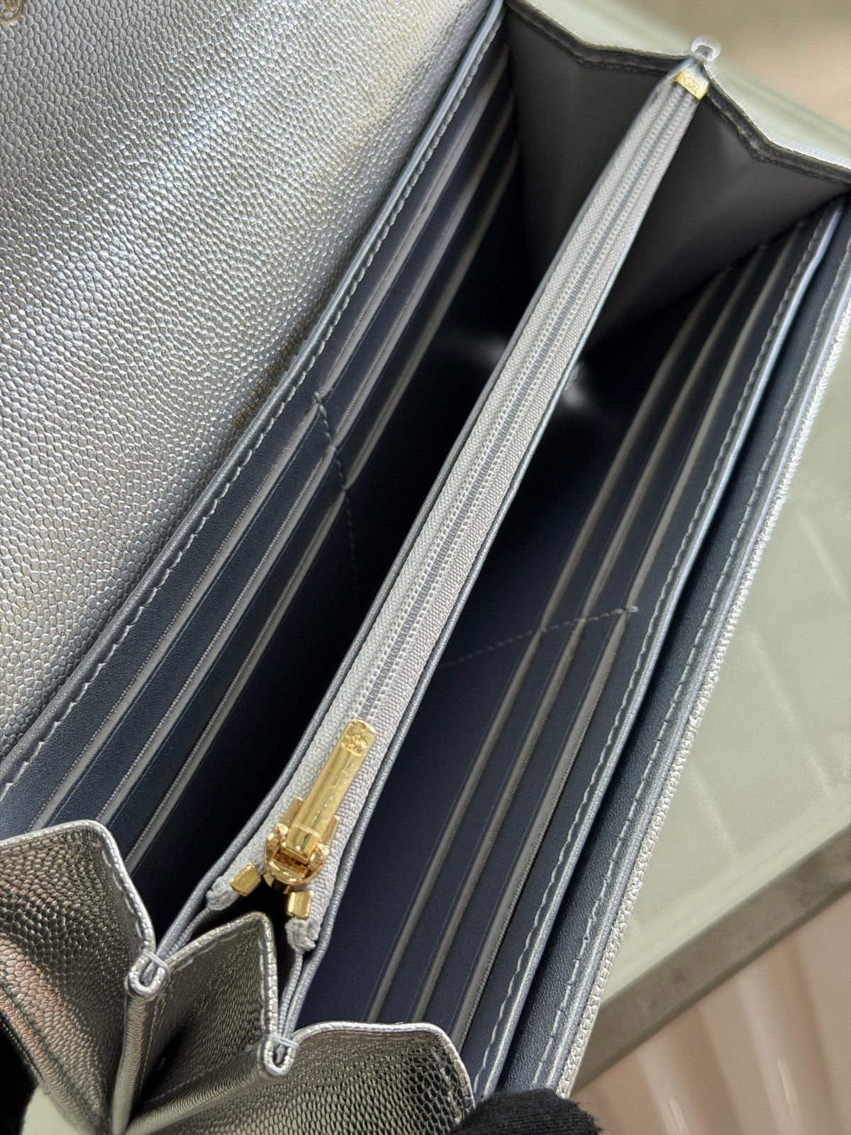 CC 26P Long Flip Wallet Sliver Quited Caviar Leather