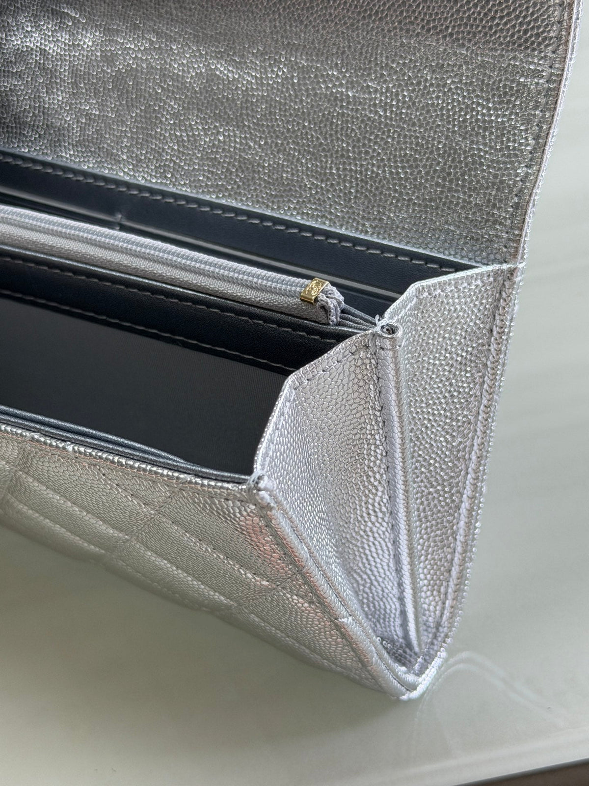 CC 26P Long Flip Wallet Sliver Quited Caviar Leather