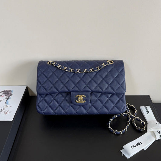 CC Classic Double Flap Bag 25cm Navy Blue Caviar Leather