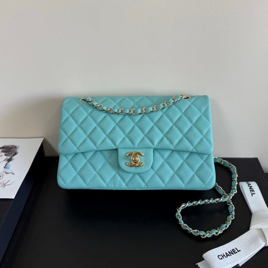 CC Classic Double Flap Bag 25cm Sky Blue Caviar Leather