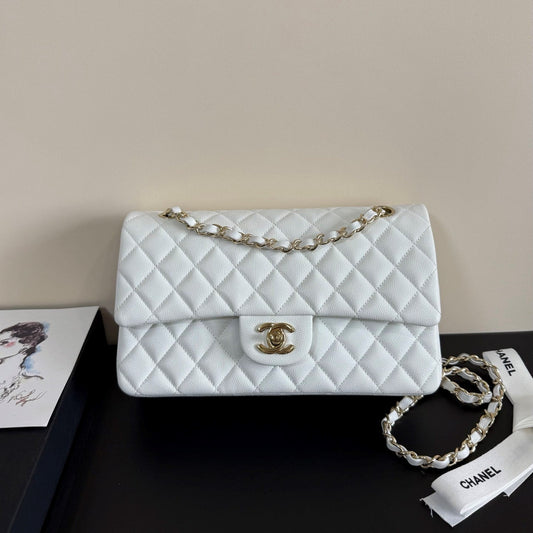 CC Classic Double Flap Bag 25cm White Caviar Leather