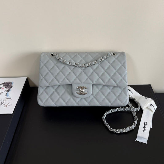 CC Classic Double Flap Bag 25cm Light Grey Caviar Leather