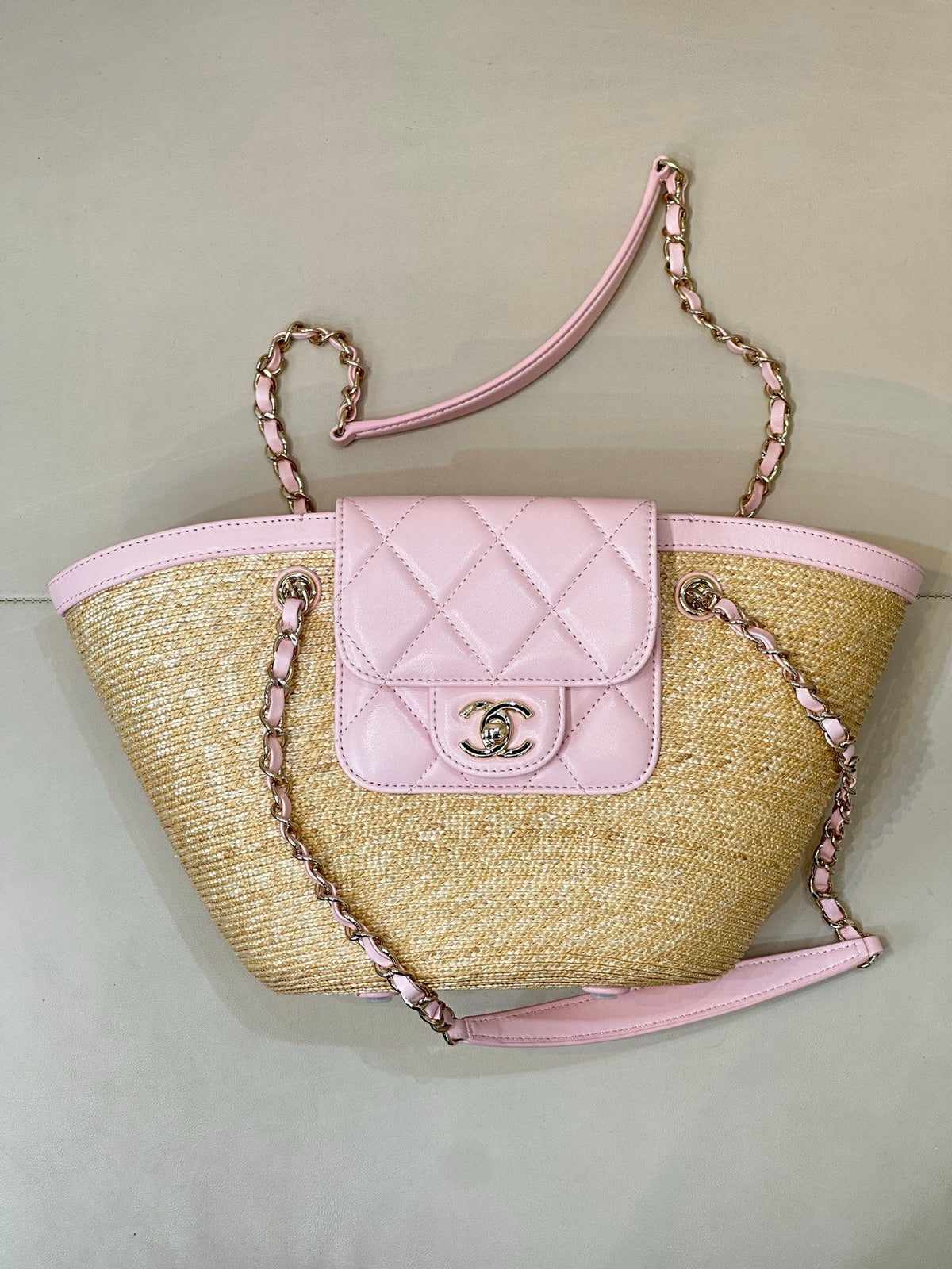 Chanel 2026 Shopping Bag 40cm Beige PInk Straw Lambskin