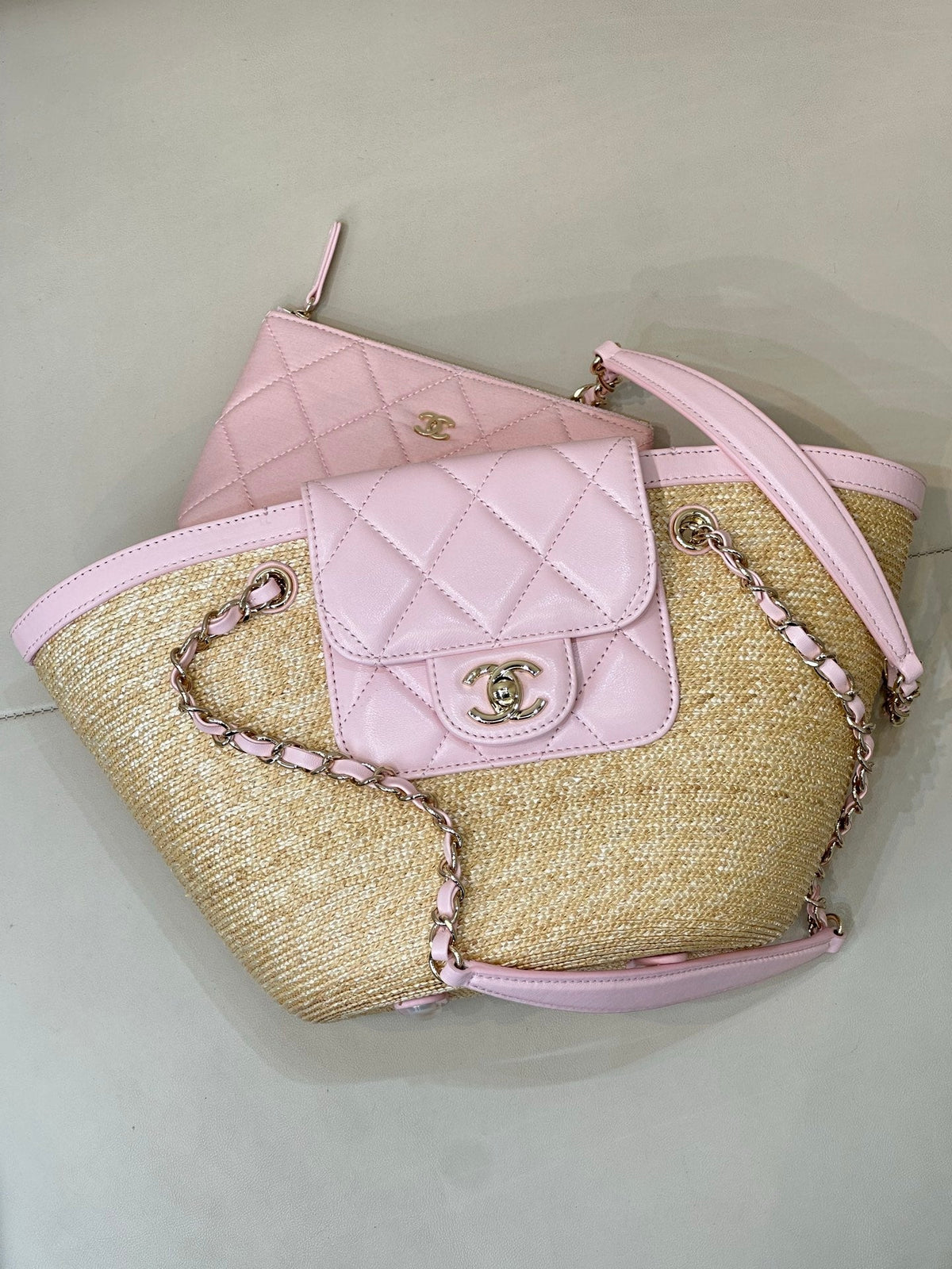 Chanel 2026 Shopping Bag 40cm Beige PInk Straw Lambskin