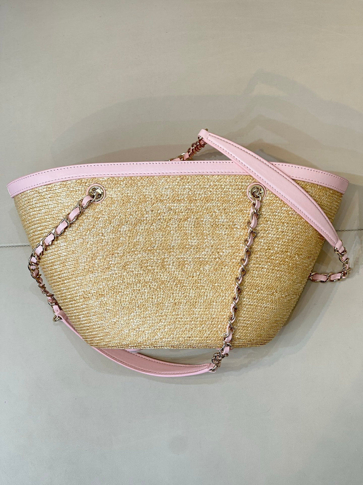Chanel 2026 Shopping Bag 40cm Beige PInk Straw Lambskin