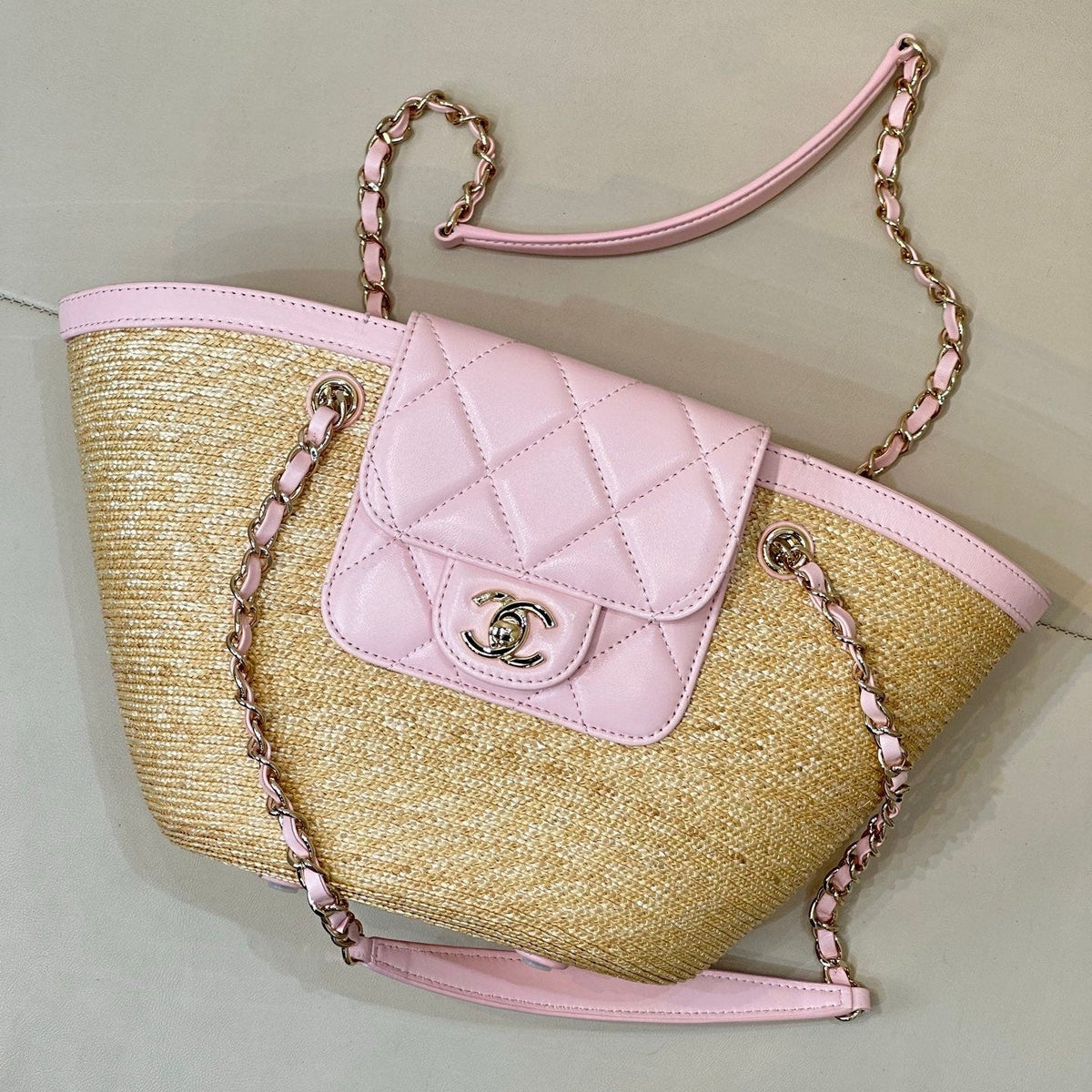 Chanel 2026 Shopping Bag 40cm Beige PInk Straw Lambskin