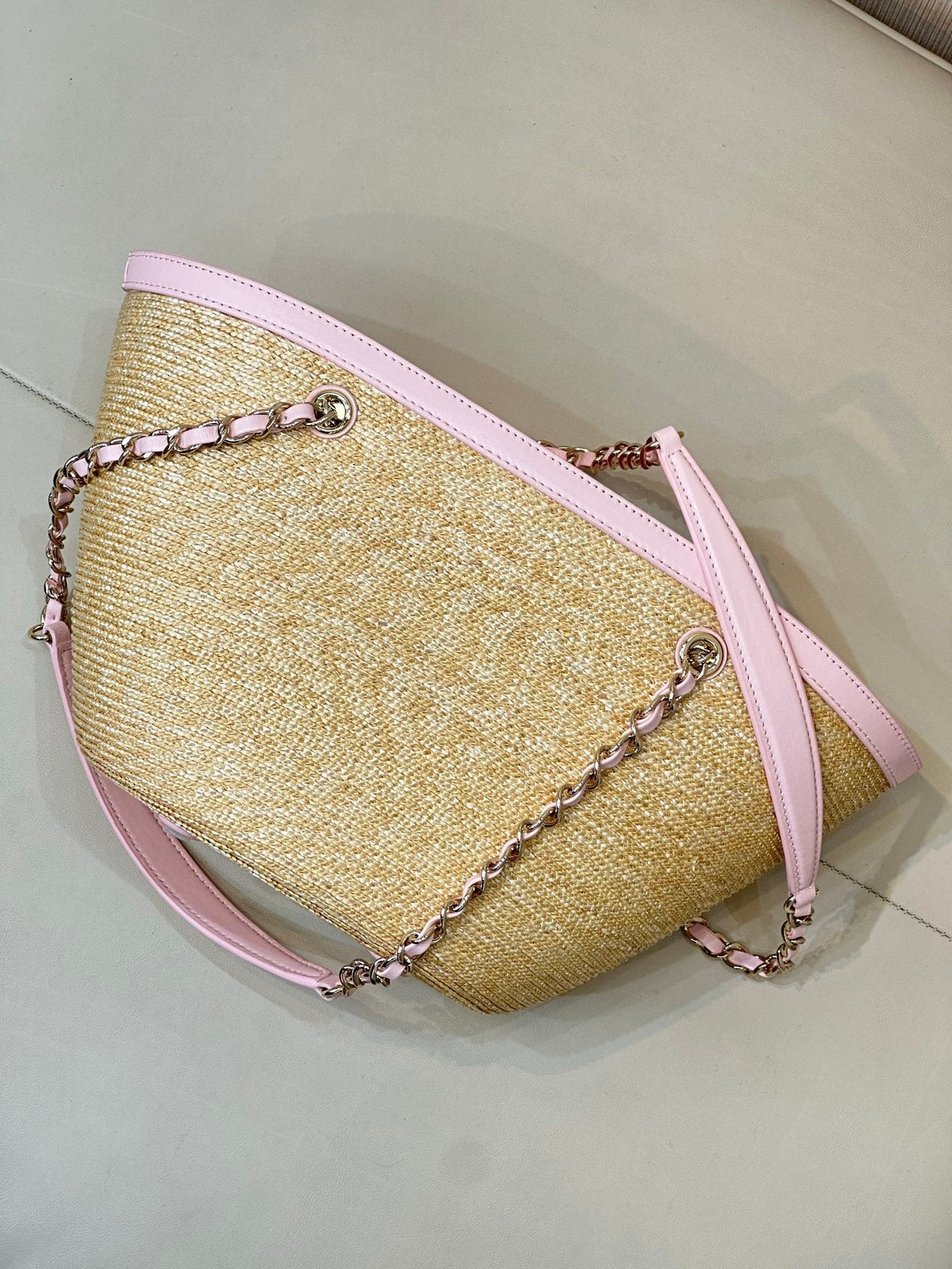 Chanel 2026 Shopping Bag 40cm Beige PInk Straw Lambskin
