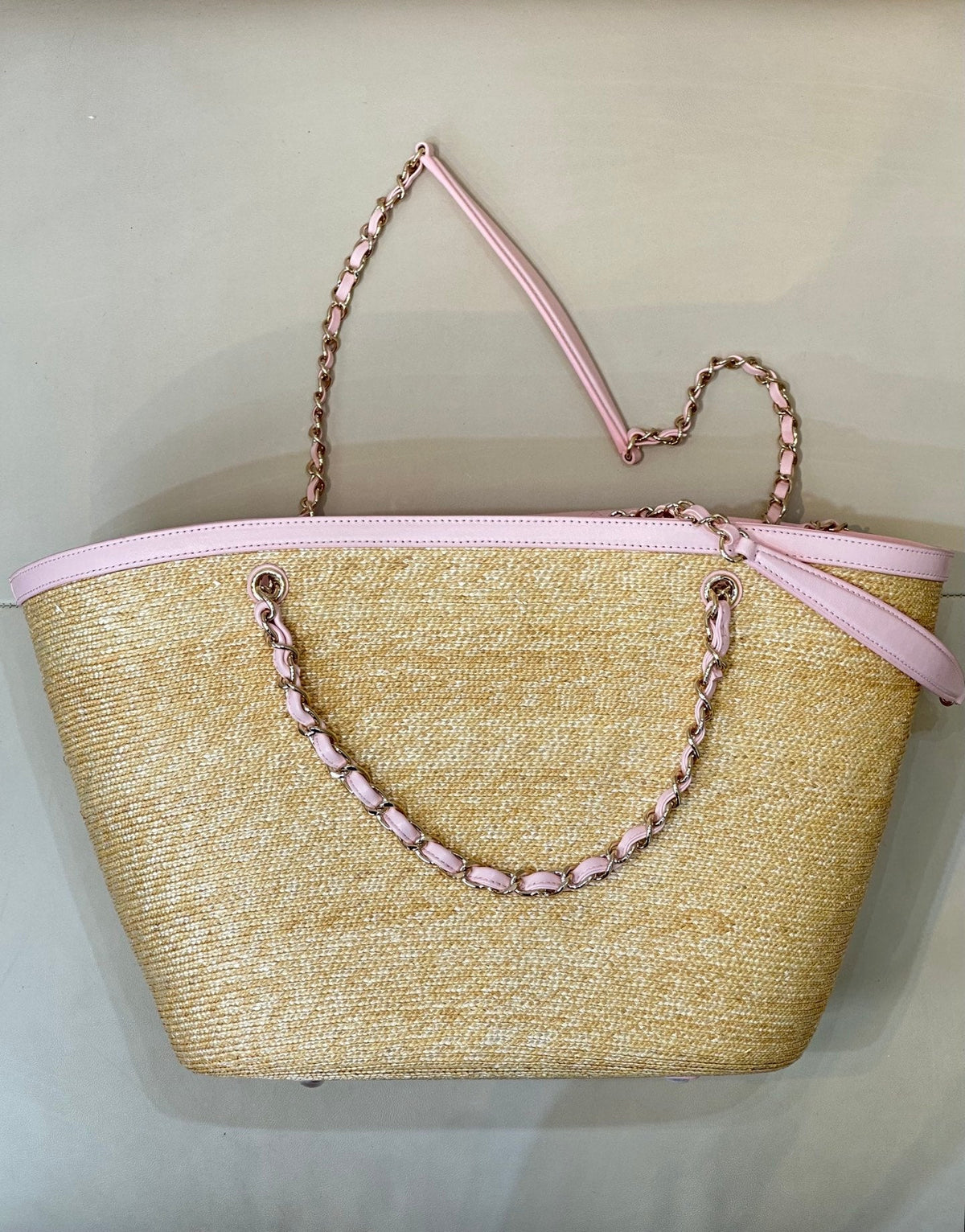 Chanel 2026 Shopping Bag 54cm Beige PInk Straw Lambskin