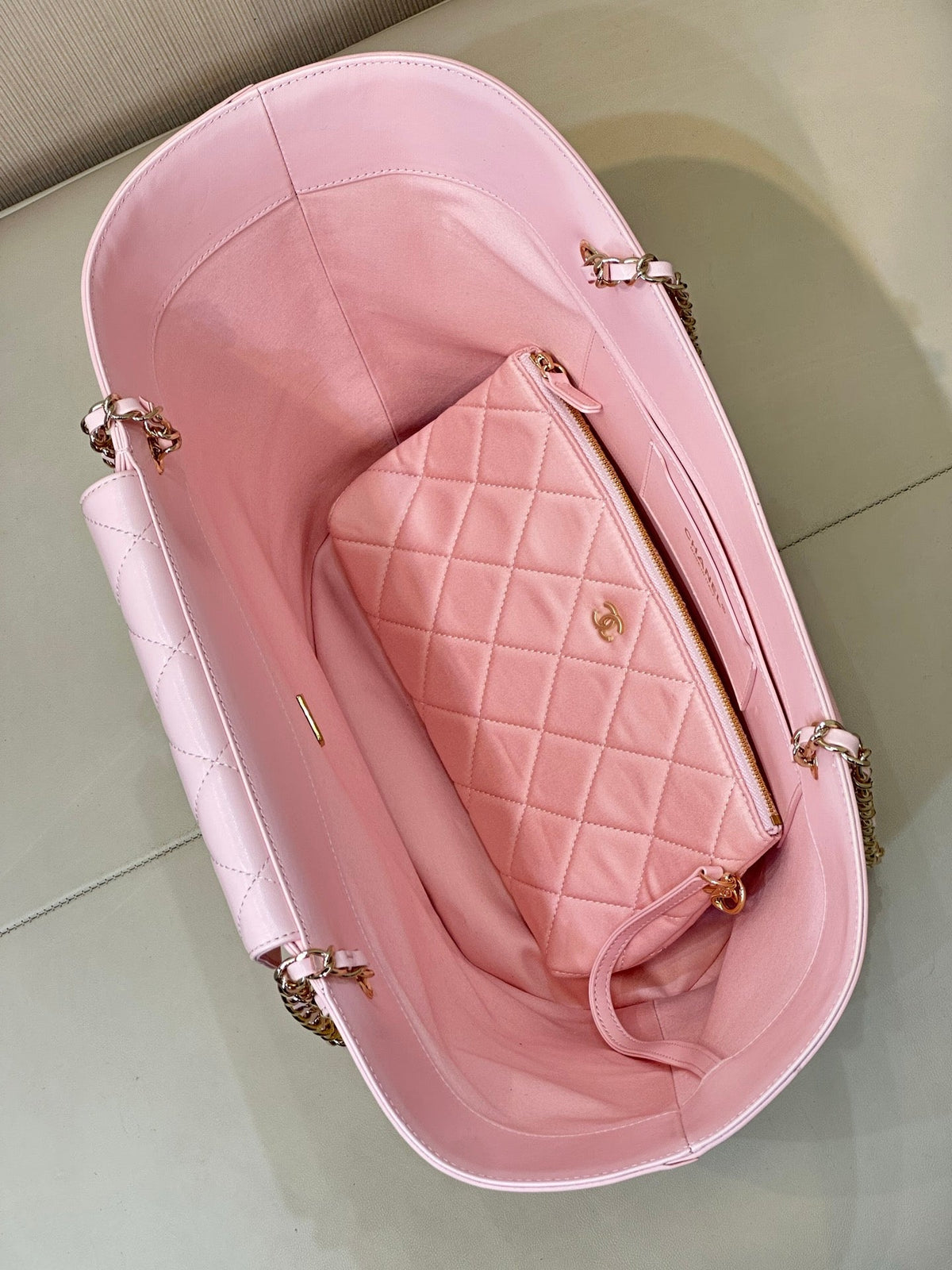 Chanel 2026 Shopping Bag 54cm Beige PInk Straw Lambskin