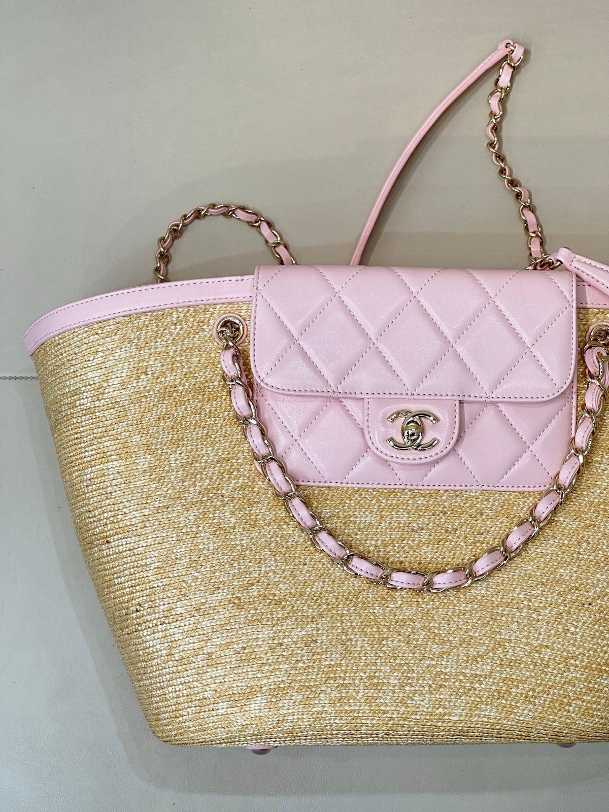 Chanel 2026 Shopping Bag 54cm Beige PInk Straw Lambskin