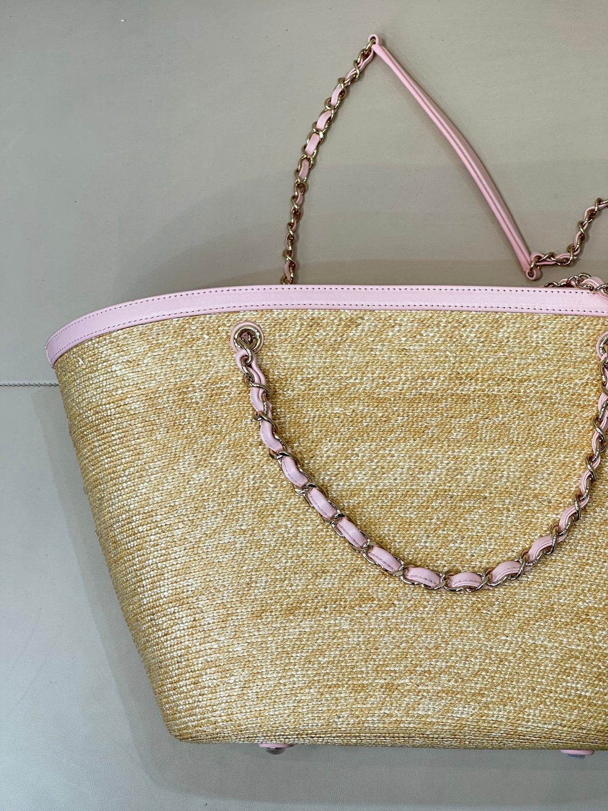 Chanel 2026 Shopping Bag 54cm Beige PInk Straw Lambskin