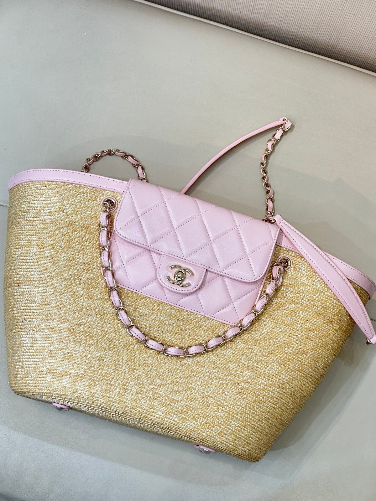 Chanel 2026 Shopping Bag 54cm Beige PInk Straw Lambskin