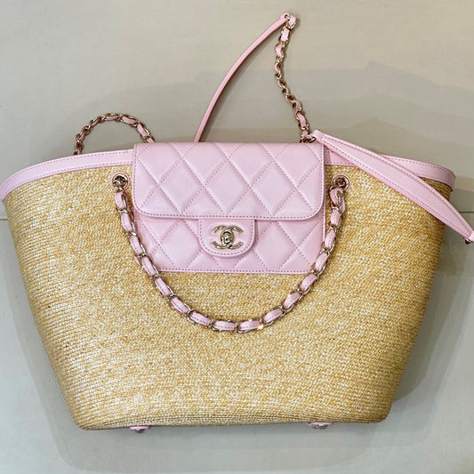 Chanel 2026 Shopping Bag 54cm Beige PInk Straw Lambskin