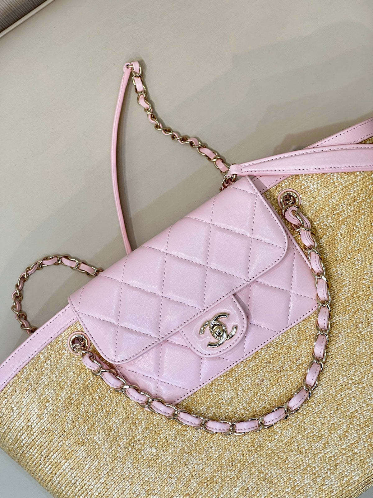 Chanel 2026 Shopping Bag 54cm Beige PInk Straw Lambskin