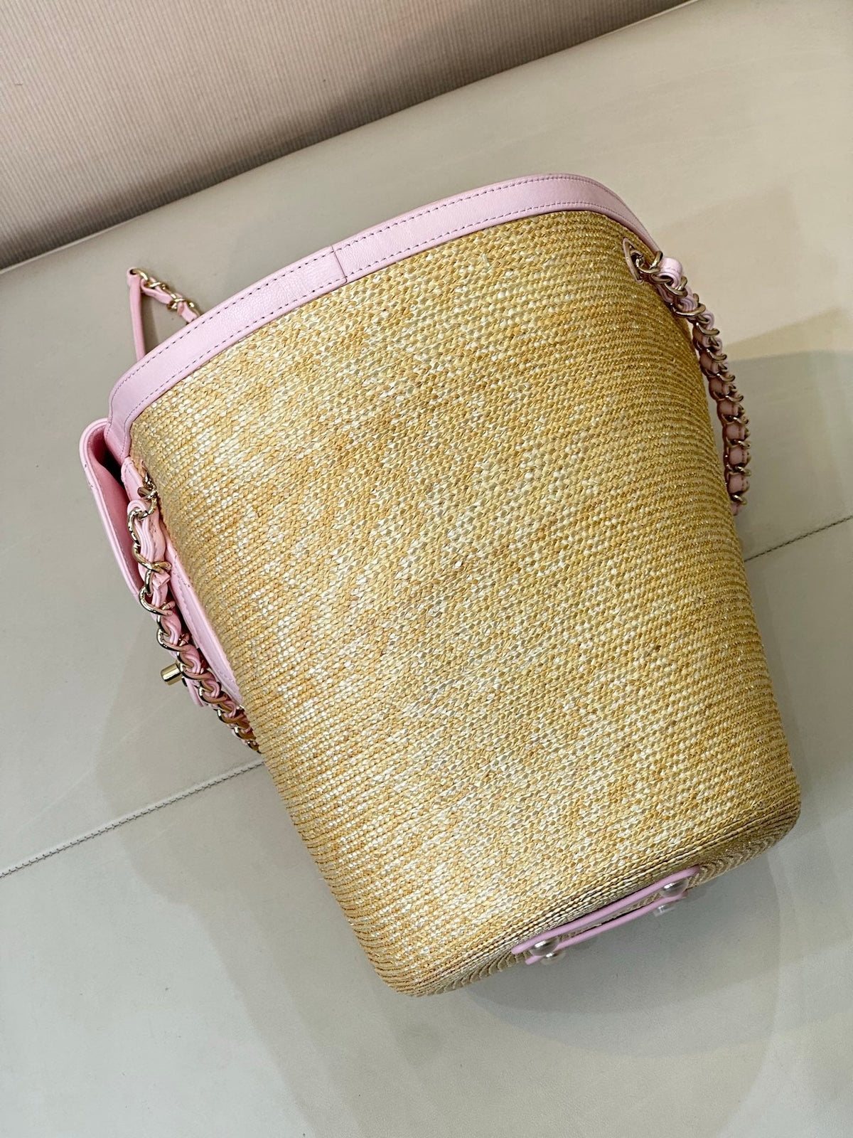 Chanel 2026 Shopping Bag 54cm Beige PInk Straw Lambskin