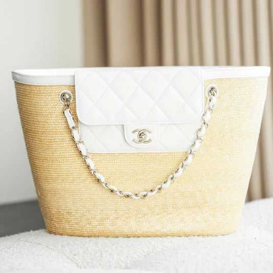 Chanel 2026 Shopping Bag 53cm Beige White Straw Lambskin
