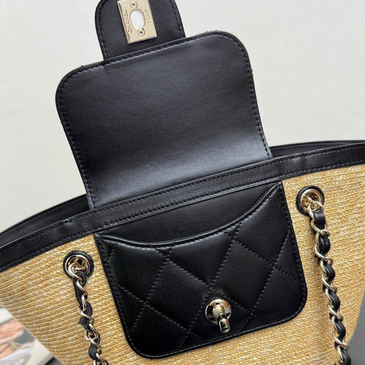 Chanel 2026 Shopping Bag 34cm Beige Black Straw Lambskin