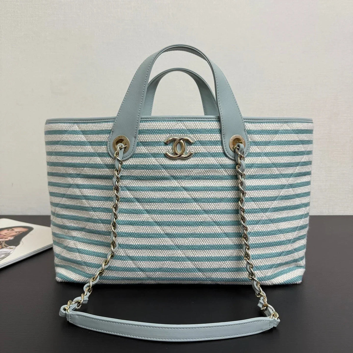 Chanel 26 Woven Beach Bag 46 White Light Blue Canvas Leather